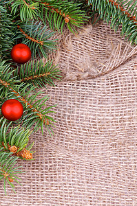圣诞节装饰 红球 圣诞饰品 麻袋布 卷起来 庆典 边界 华丽的 圣诞贺卡背景图片