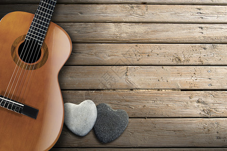 木质阳台上的声响吉他高清图片