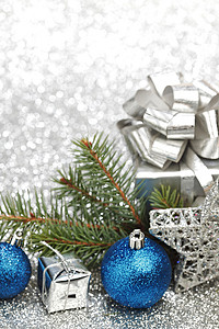 圣诞卡 闪光 闪亮的 冷杉 蓝色的 丝带 盒子背景图片