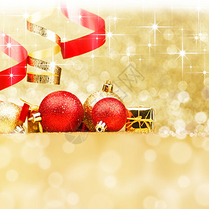 圣诞卡 闪光 金的 节 玩具 金子 丝带 卷曲 红色的 展示背景图片