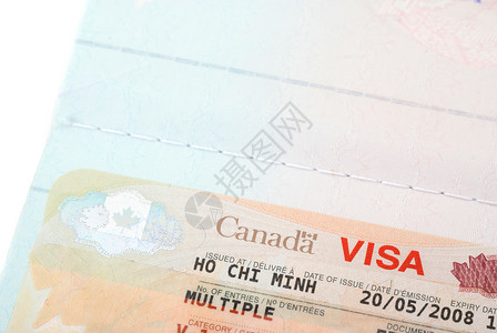 加拿大移民在胡志明越南发行的加拿大签证章贴近镜头背景