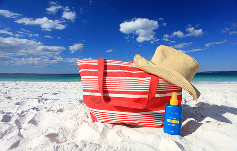 海姆斯海滩沙滩上防暑日晒防晒霜帽背景