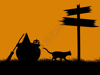 猫轮廓万圣节说明轮廓 剪影 扫帚 艺术 闹鬼的 草 秋天背景