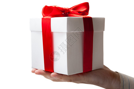 手拿着红色丝带的白色礼品盒 展示 白色的 圣诞节 盒子背景图片