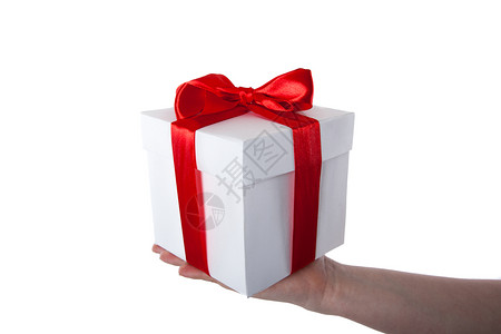 手拿着红色丝带的白色礼品盒 纸板 假期 生日 盒子背景图片