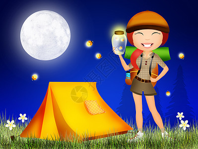 萤火从夜间的萤火 女性 相机 月亮 自然 野营 户外的 夏天 照片背景