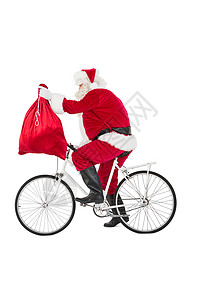 圣诞老人骑自行车和保着他的袋子背景图片