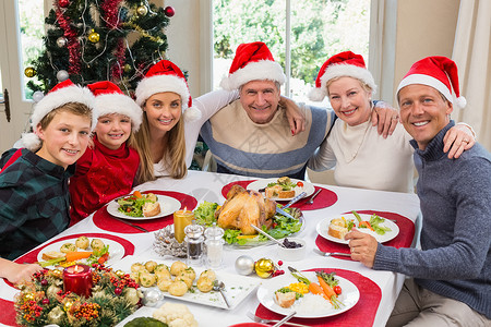 V60在圣诞节晚宴上坐在一起 微笑的家庭的肖像背景