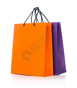 两纸双纸购物袋 白色反射 紫色的 展示 橙子背景图片