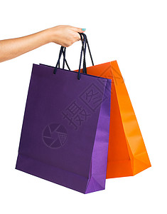 两纸双纸购物袋 白色反射 展示 紫色的背景图片