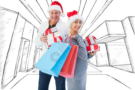 配有购物袋和礼品的夫妇综合形象 圣诞节 庆祝 展示背景图片