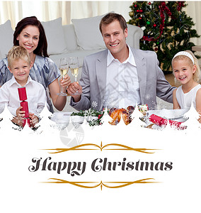 答谢晚宴字体父母在圣诞节晚宴上喝红酒的复合形象 问候语 桌子背景