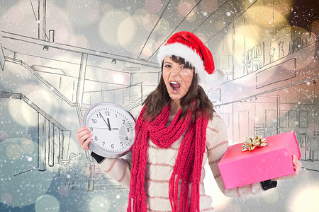 黑发的复合画面 拿着钟表和礼物 大喊大叫 漂亮的 圣诞节背景图片