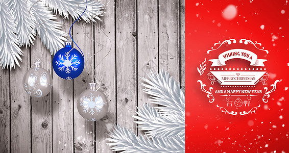 蓝色龙年大吉新年贺卡积雪降雪的复合图像 冷杉 庆祝 银 圣诞节快乐 冰 叶子背景