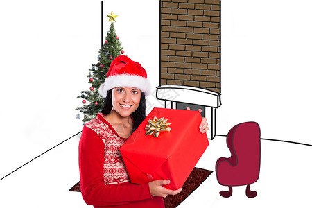 圣诞礼物手绘年青黑发年轻棕色的复合图像和圣诞礼物 窗户背景
