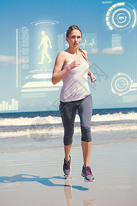 在海滩上慢跑的金发美人 综合画面 蓝色的 赛跑者背景图片