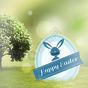 喜悦的复活节问候的综合画面 蓝色的 农村 树 复活节兔子背景图片