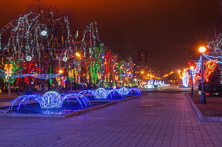夜间魔法圣诞灯光 蓝色的 夜间 点燃 公园 晚上 庆祝背景
