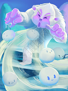 精灵球素材插图 雪人将雪球工厂生产的雪球精灵吹到人界 梦幻般的卡通风格场景壁纸背景设计背景