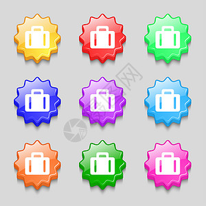 国外标签素材公文箱图标符号 9个宽度彩色按钮上的符号 手提箱 旅行背景