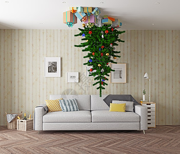 天花板上的圣诞树 漫画 礼物 庆典 滑稽 倒挂背景图片