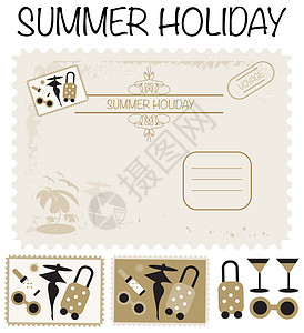 夏季新品印章旅行卡 邮票印章 航程 暑假成套图标和b 鸟类 女士背景