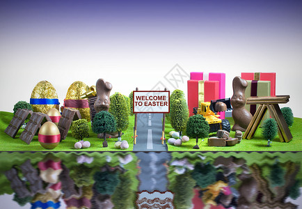 兔子镇的火狐狸复活节概念 兔子 礼物 食物 镇 金的 春天 微型背景