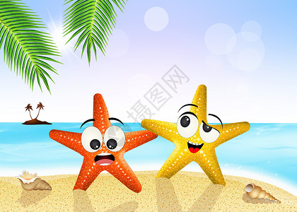 海洋中相爱的海星 插图 海滩 自然 脸 有趣的背景图片