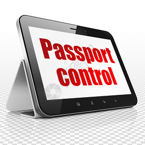 旅行概念 显示带有护照管制的平板电脑背景图片