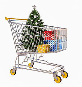 孤立的购物墨盒和礼品 购物手推车 剪下 展示 圣诞树背景图片