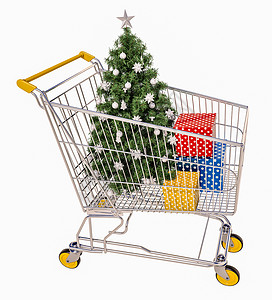 孤立的购物墨盒和礼品 购物篮 节日符号 圣诞节购物 购物车 超市手推车背景图片
