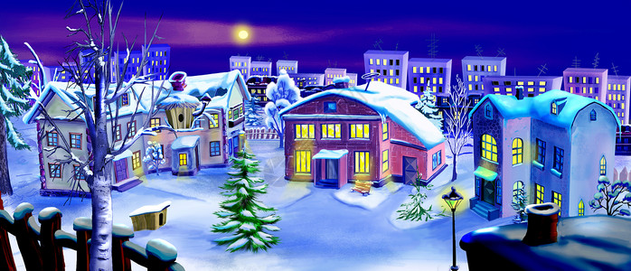 小镇油彩插图圣诞节前夕 在一个小镇的冬夜背景