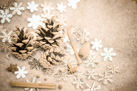 圣诞节由坦格林 松果锥 肉桂和雪花组合组成 装饰 树 文化背景图片