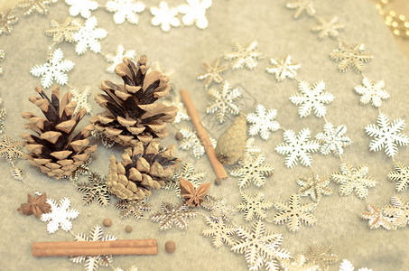 圣诞节由坦格林 松果锥 肉桂和雪花组合组成 装饰 球 假期背景图片