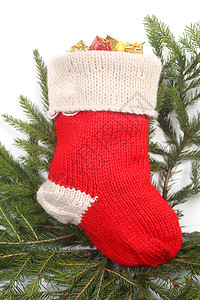 圣诞红袜袜 新年 弓 树 金子 冷杉 假期背景图片