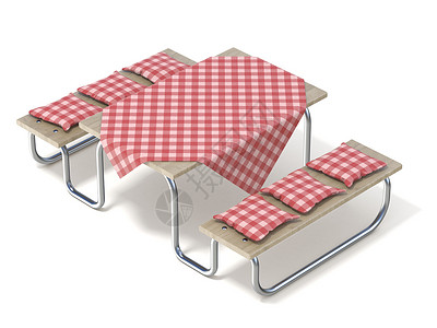 师办桌插图带红色桌布和枕头的野餐桌 3个 自然 织物背景