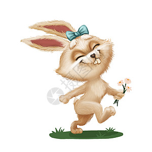 卡通画册封面快乐可爱的毛茸茸的兔子与花-卡通动物角色跑过绿地-手绘动画吉祥物插图 杂志 儿童读物 封面 贺卡或明信片背景