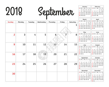 12个月份2018 年的简单日历规划器 设计 9 月模板 一套 12 个月 一周从星期日开始 日历计划周 二月 十月背景