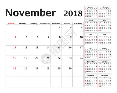 12个月份2018 年的简单日历规划器 设计 11 月模板 一套 12 个月 一周从星期日开始 日历计划周 十月 十二月背景