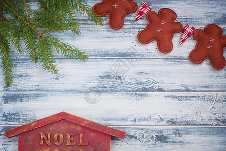 手工生姜人 圣诞树分枝 木制Noel屋 卡片高清图片
