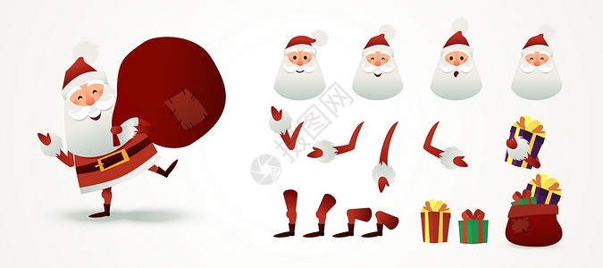 用于动画和运动设计的圣诞老人套装 圣诞父亲的情感 身体的一部分 礼物盒 帽子 可爱的圣诞节角色 适合假日设计 袋子里装满了礼物 背景图片