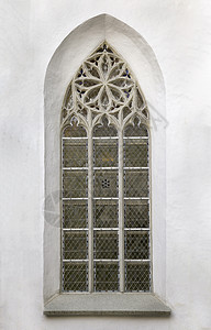 哥特大教堂窗户 尖尖的 窗框 砖 尖锐的 户外 蓝色的 教会背景图片