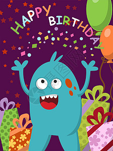 带着礼物和气球快乐的蓝怪兽 庆祝他的生日背景图片