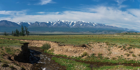 阿尔泰山区与河流的全景 地形 风景 国家的 场地 草地图片