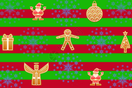圣诞红绿条纹背景 配有不同形状的姜饼和雪花星 非常适合圣诞老人的礼物包装纸或背景背景图片