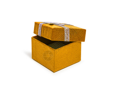 开放橙色礼品盒 银丝带在白色背面隔离背景图片