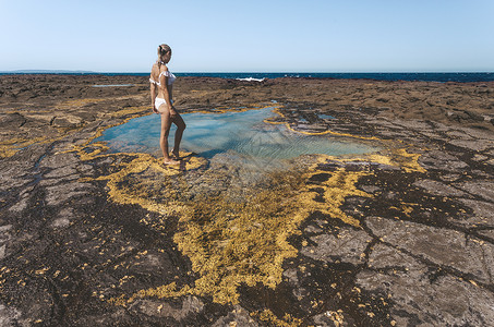 柳岩比基尼女人站在一小块石头池旁 周围是黄海草背景