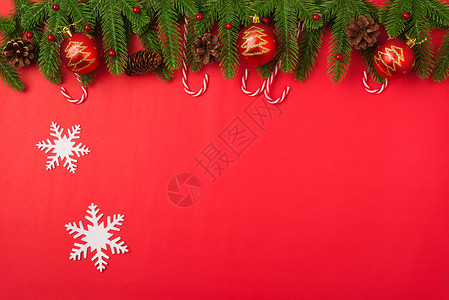 新年或圣诞节节快乐 最顶端的视野平坦地铺立着fir树丛c 平躺 丝带背景图片