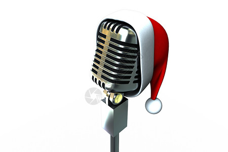 带桑塔帽的回声麦克风 复古的 音频设备 圣诞帽 喜庆的背景图片