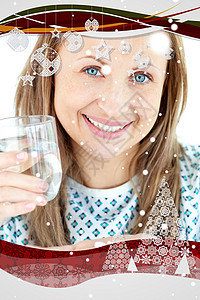 圣诞促销标签胶囊拿着一杯水和药丸的患病青年妇女背景